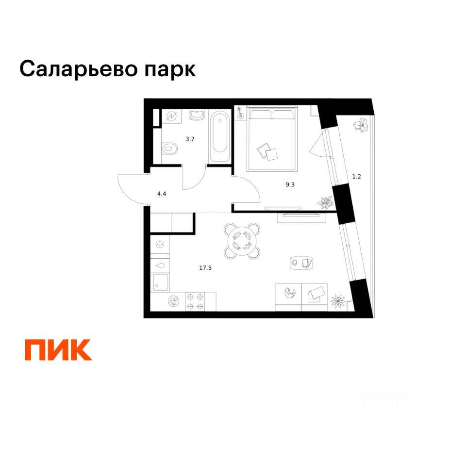 1-комн. квартира, 36,1 м², в ЖК «Саларьево парк»