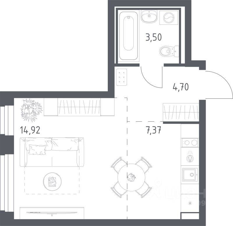 Планировка 1 комнатной квартиры, 30.49 м², в «Рублевский Квартал»