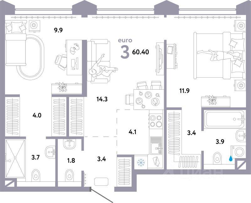 3-комн. квартира, 60,4 м², в ЖК Страна.Озерная