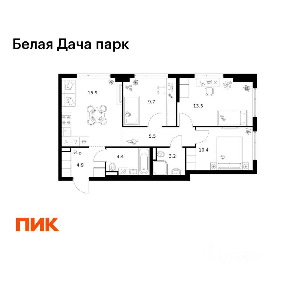 3-комн. квартира, 67,5 м², в ЖК «Белая Дача парк»