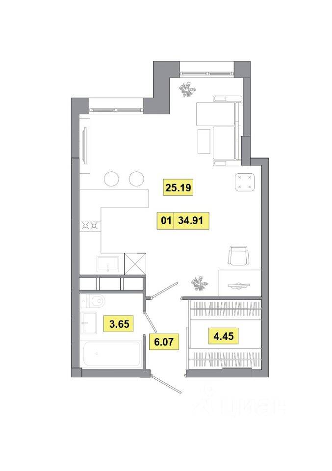 1-комн. квартира, 34,91 м², в ЖК Радость