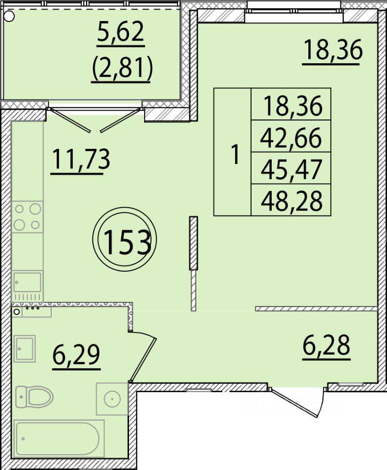 1-комн. квартира, 42,66 м², в Малоэтажный ЖК Образцовый квартал 15