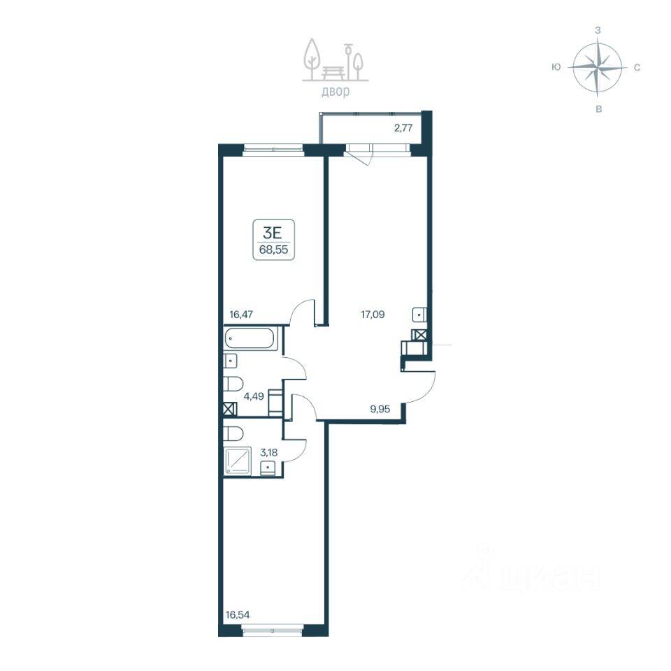 3-комн. квартира, 68,55 м², в ЖК Расцветай в Янино