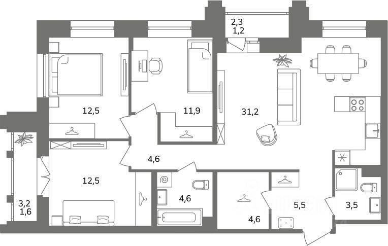 3-комн. квартира, 90,9 м², в ЖК Антверпен