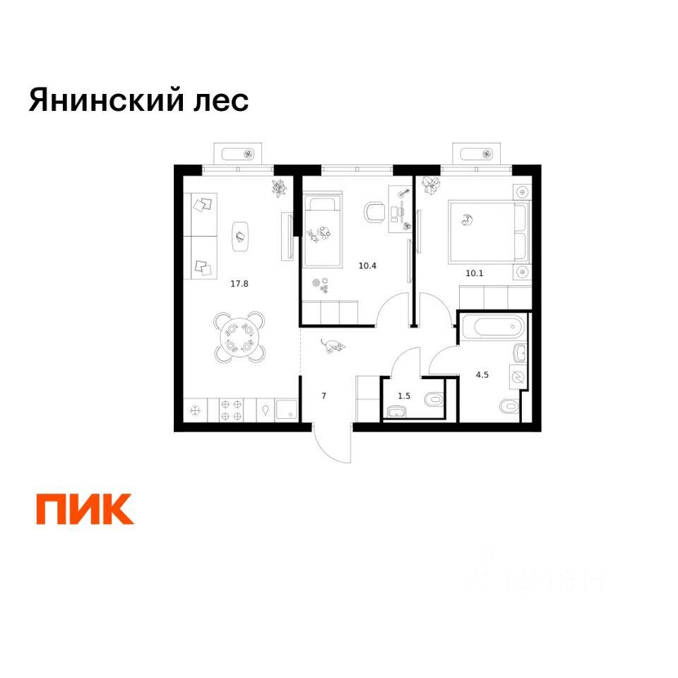 2-комн. квартира, 51,3 м², в ЖК Янинский лес