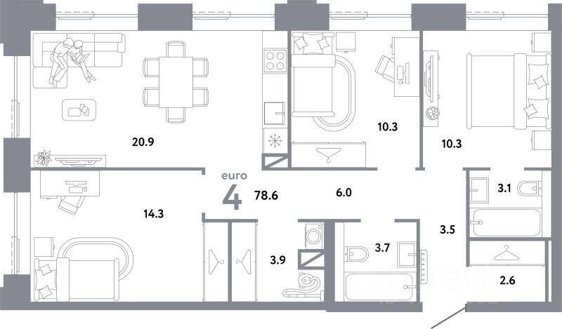 4-комн. квартира, 78,6 м², в ЖК Страна.Заречная