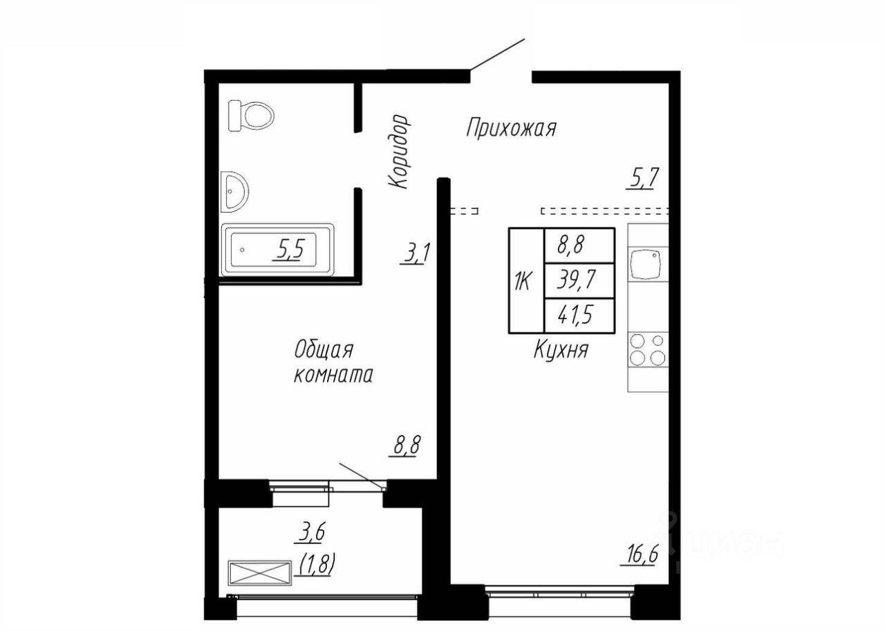Планировка 1 комнатной квартиры, 41.5 м², в «Сибирь»