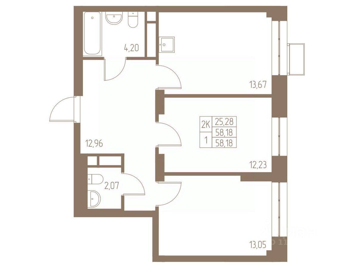 2-комн. квартира, 58,18 м², в ЖК Фабрикант