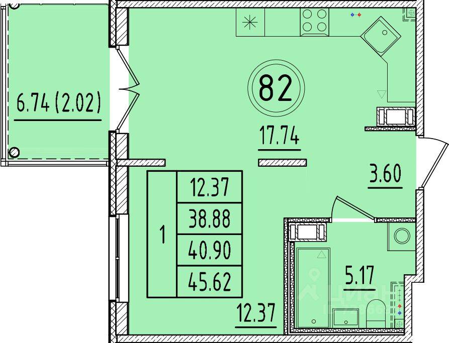 1-комн. квартира, 38,88 м², в Малоэтажный ЖК Образцовый квартал 17