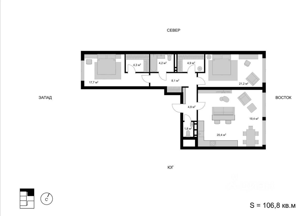 3-комн. квартира, 106,6 м², в ЖК Мытищи-Сити