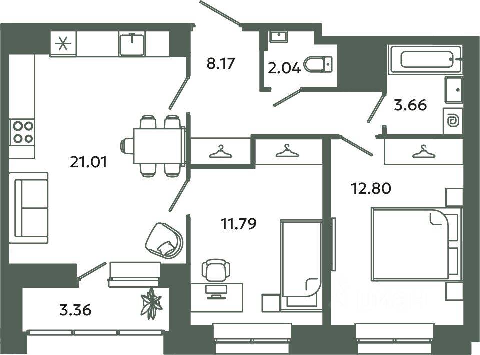 2-комн. квартира, 59,47 м², в ЖК Загляденье