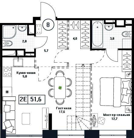 2-комн. квартира, 51,6 м², в ЖК Пушкино Град