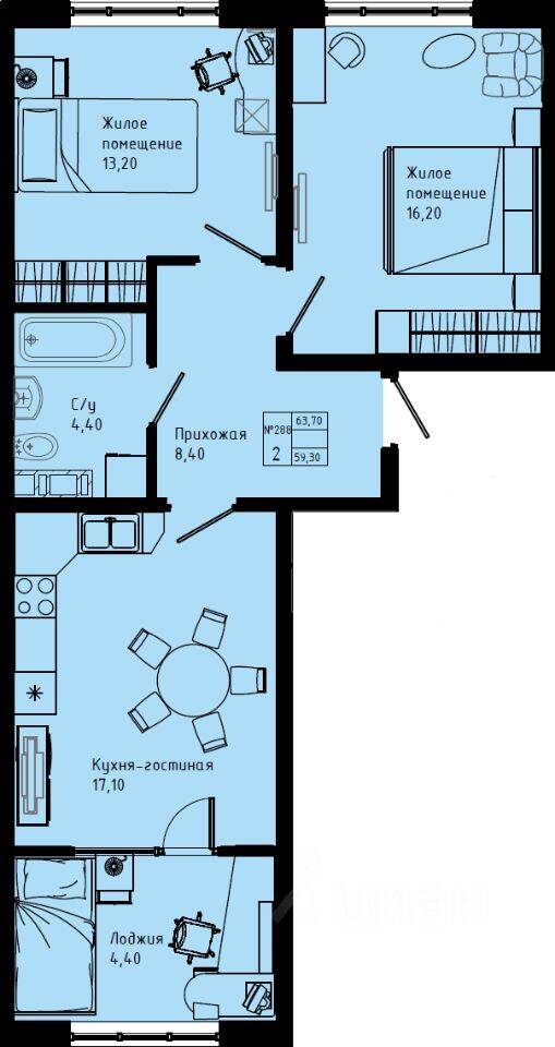 2-комн. квартира, 63,7 м², в ЖК Pixel