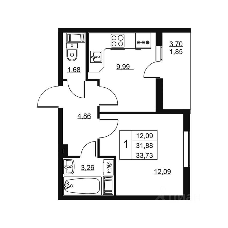 1-комн. квартира, 33,73 м², в ЖК «Высота» (Бугры)