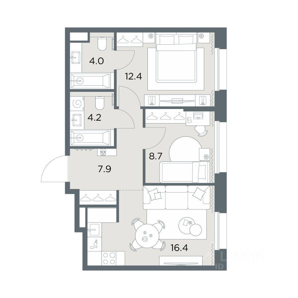 Планировка 2 комнатной квартиры, 53.6 м², в «Станиславский»