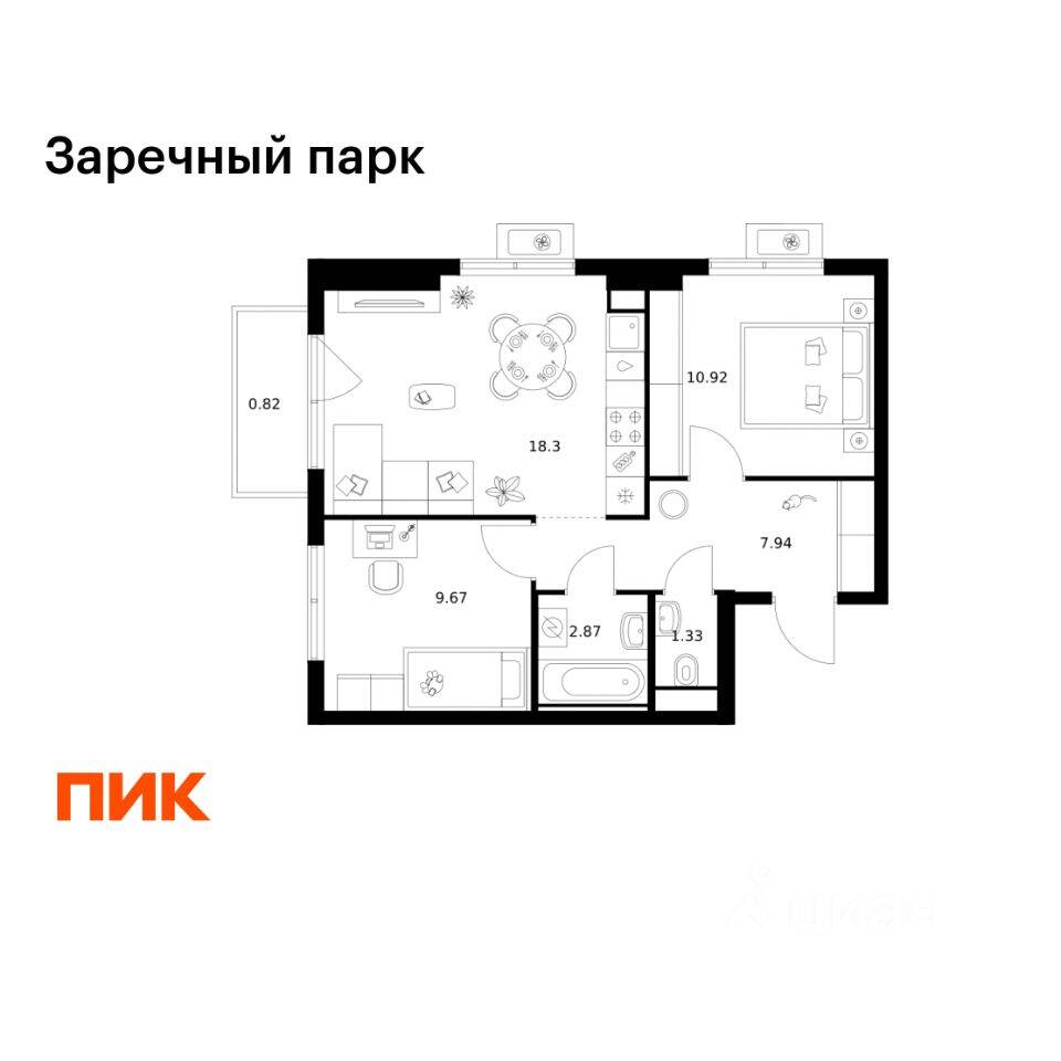 2-комн. квартира, 51,85 м², в ЖК Заречный парк