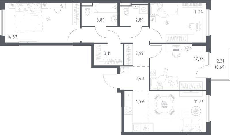3-комн. квартира, 77,55 м², в ЖК Мытищи Парк