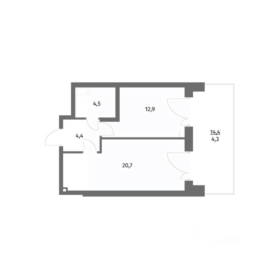 Планировка 1 комнатной квартиры, 46.8 м², в «Парусная 1»