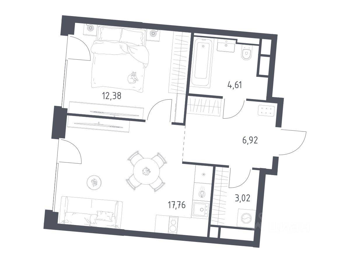 1-комн. квартира, 44,69 м², в ЖК Квартал на воде