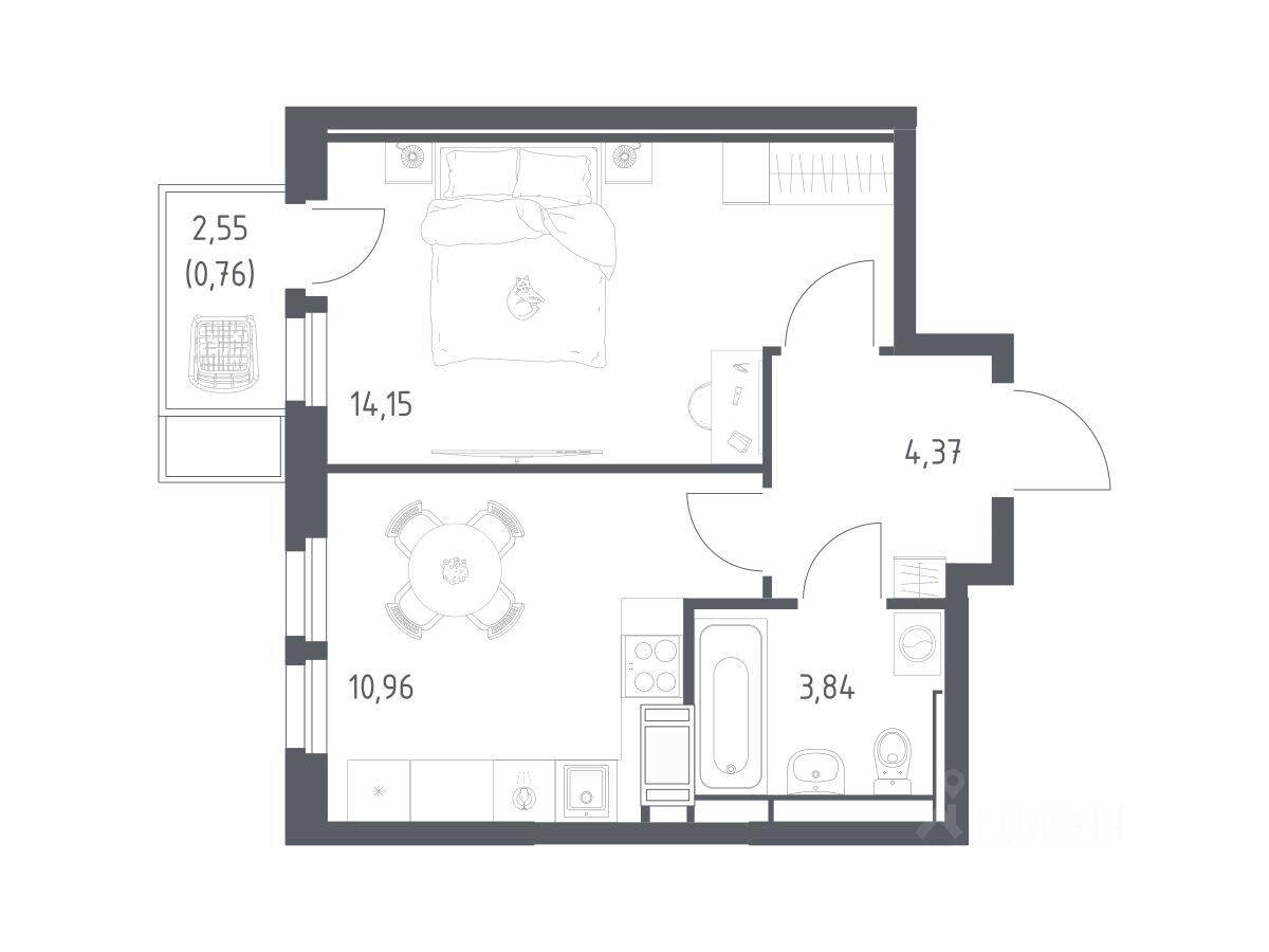 Планировка 1 комнатной квартиры, 34.08 м², в «Большое Путилково»