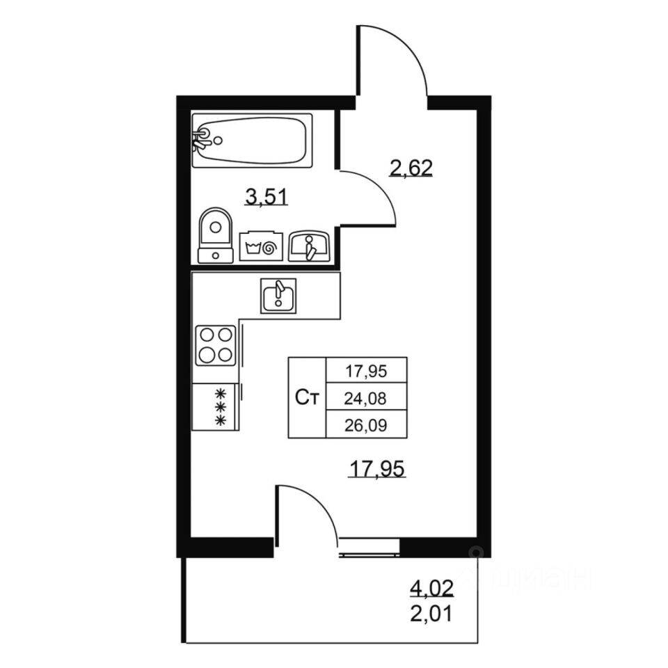 Квартира-студия, 26,09 м², в ЖК Перспектива