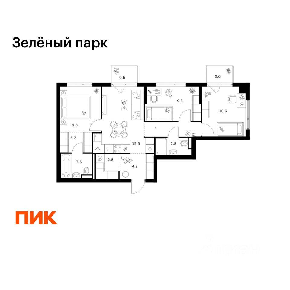 3-комн. квартира, 66,4 м², в ЖК Зеленый парк