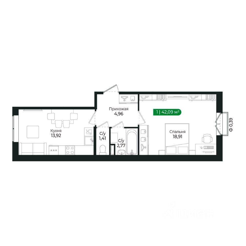 1-комн. квартира, 41,9 м², в ЖК Sertolovo Park