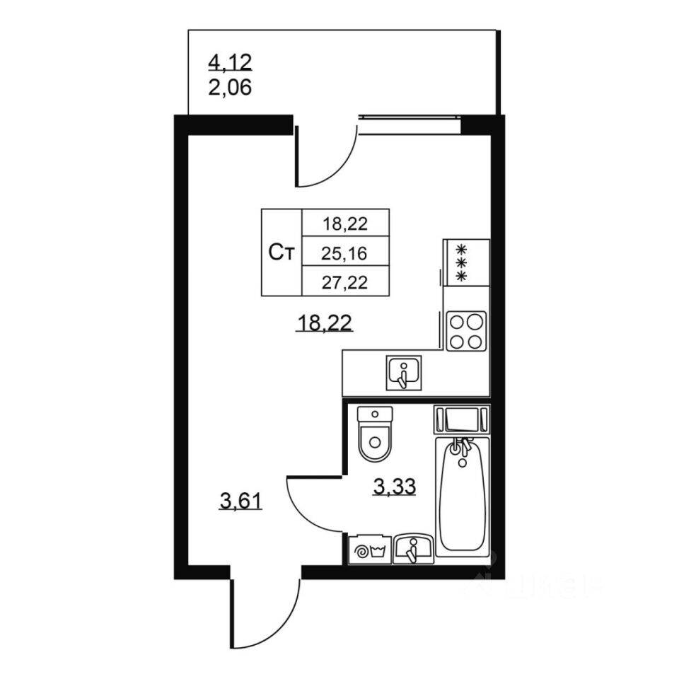 Квартира-студия, 27,22 м², в ЖК Перспектива