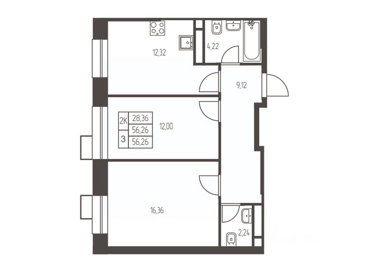 2-комн. квартира, 56,3 м², в ЖК Новая Ивантеевка