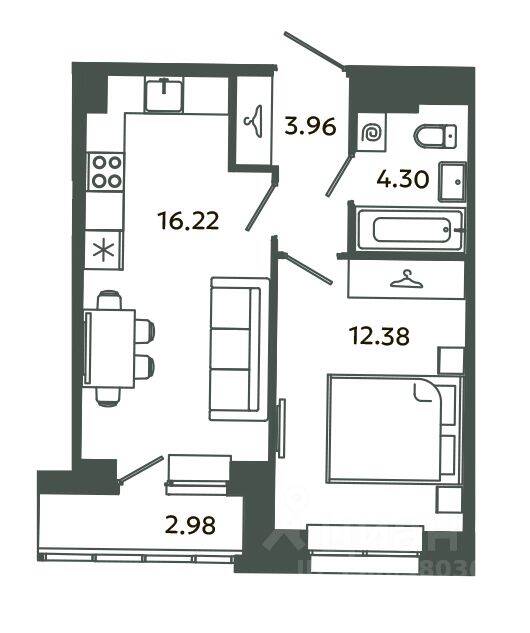 1-комн. квартира, 37,07 м², в ЖК Загляденье
