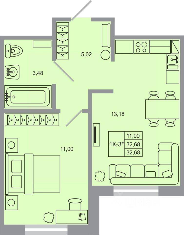 1-комн. квартира, 32,68 м², в ЖК Стороны света-2