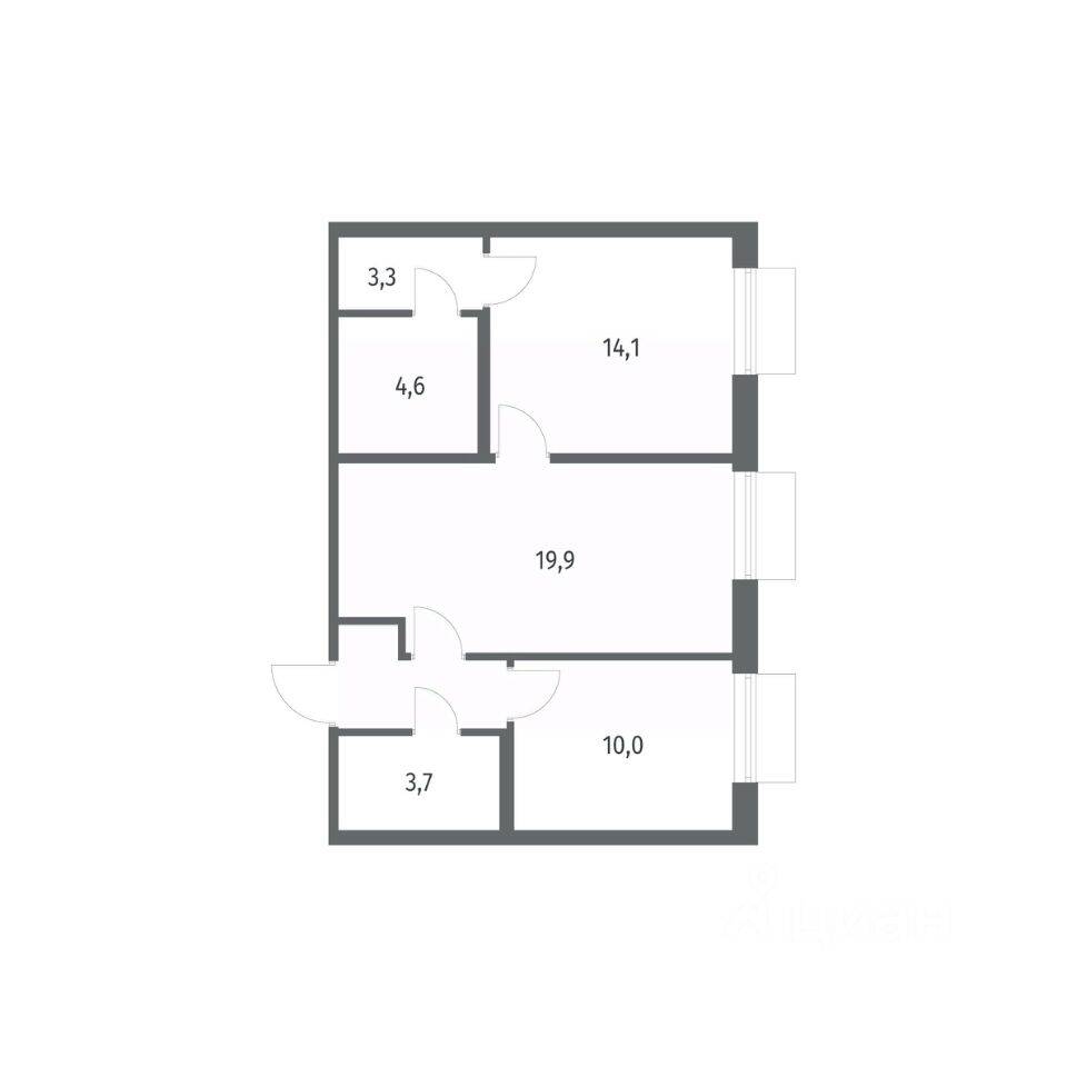Планировка 2 комнатной квартиры, 59.3 м², в «Парусная 1»