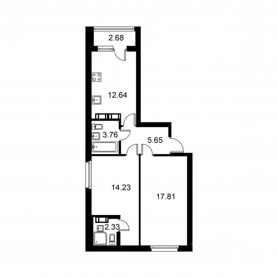 2-комн. квартира, 57,72 м², в ЖК Квартал Заречье