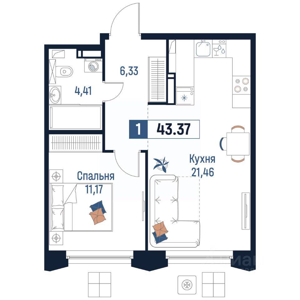 1-комн. квартира, 43,37 м², в ЖК Максималист
