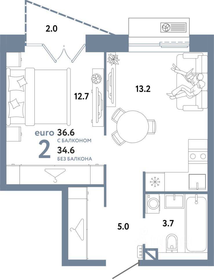 2-комн. квартира, 36,6 м², в ЖК Страна.Заречная