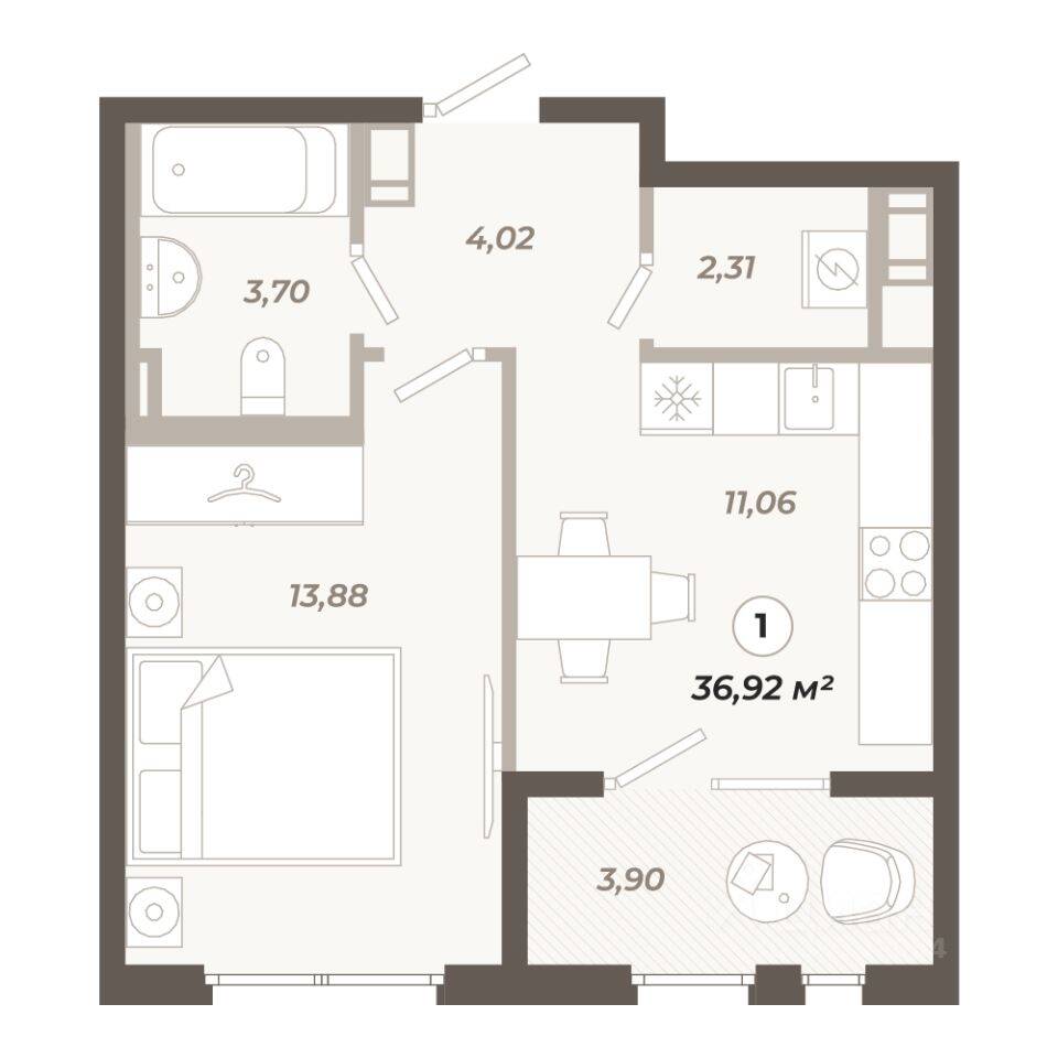 1-комн. квартира, 36,92 м², в ЖК «Знатный»