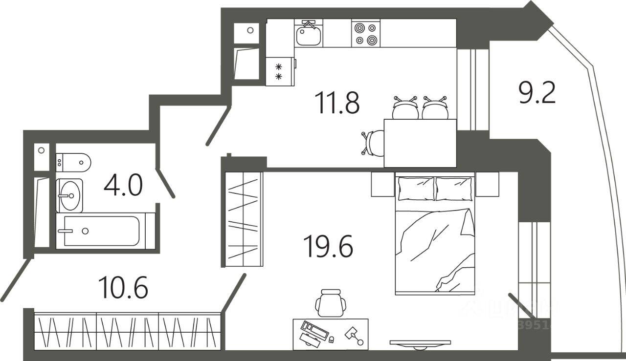 Планировка 1 комнатной квартиры, 48.8 м², в «Советская 18»