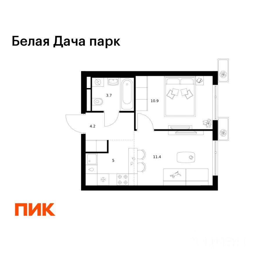 1-комн. квартира, 35,2 м², в ЖК «Белая Дача парк»