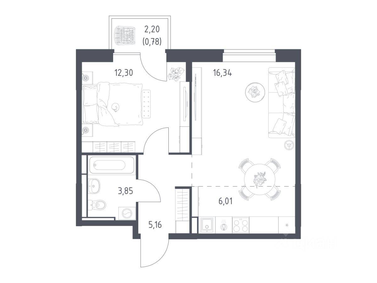 1-комн. квартира, 44,44 м², в ЖК Богдановский Лес