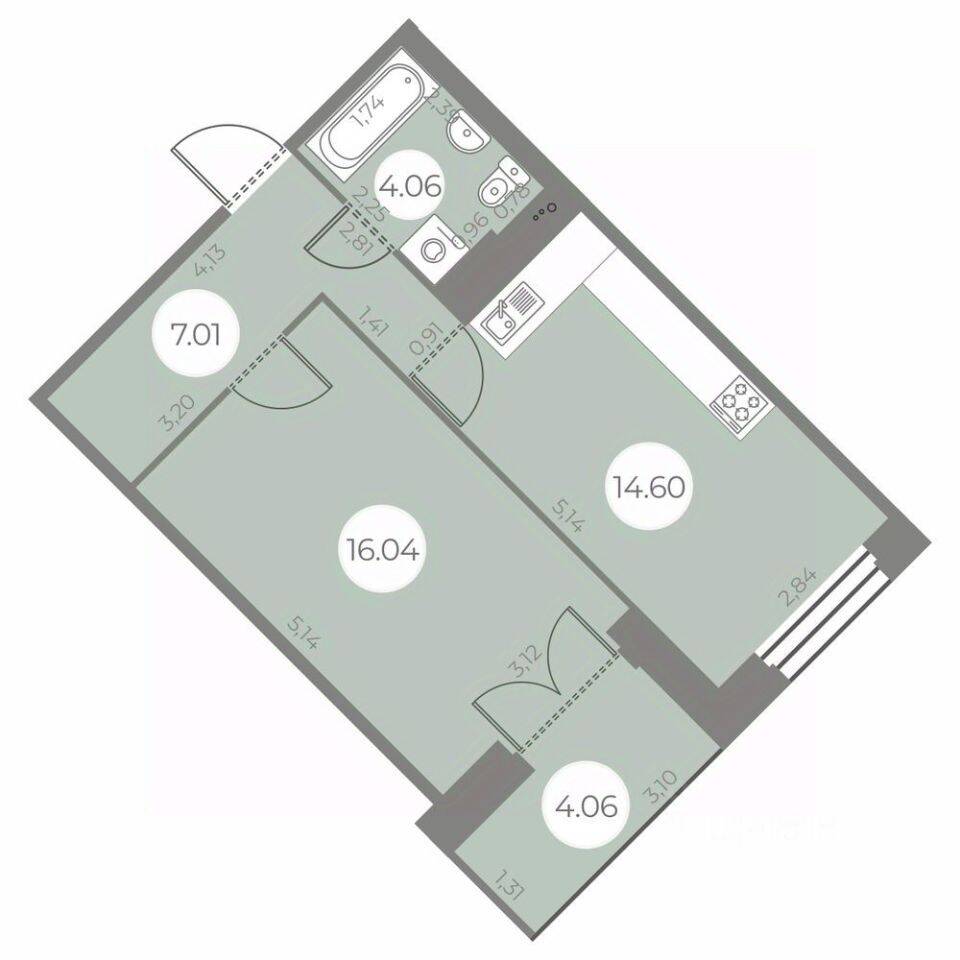 1-комн. квартира, 43,74 м², в ЖК «Огни Залива»