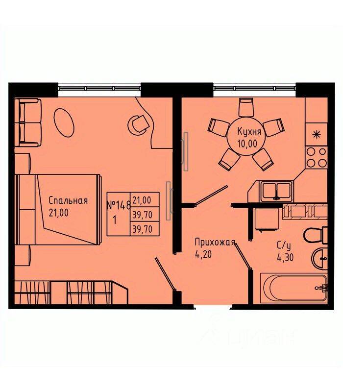1-комн. квартира, 39,5 м², в ЖК Pixel