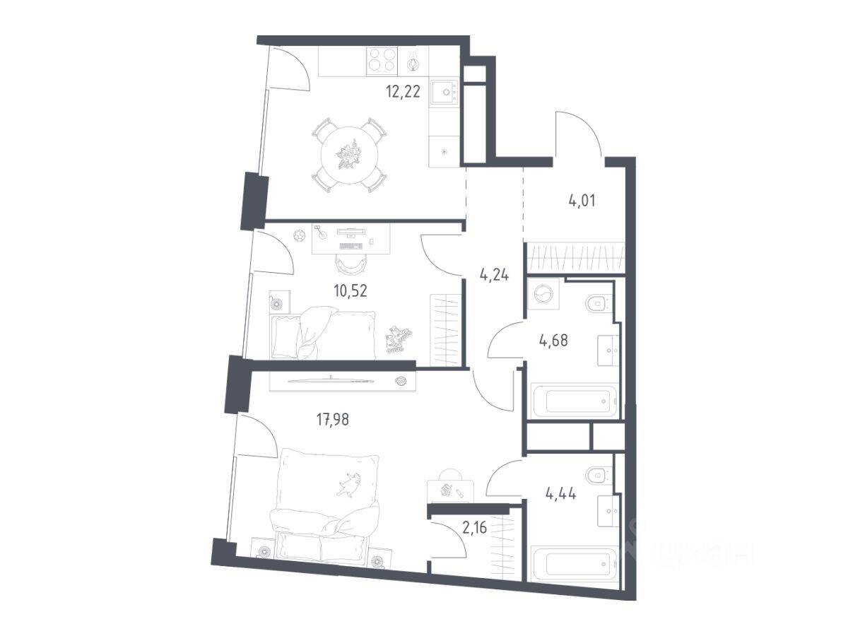 2-комн. квартира, 60,25 м², в ЖК Квартал на воде
