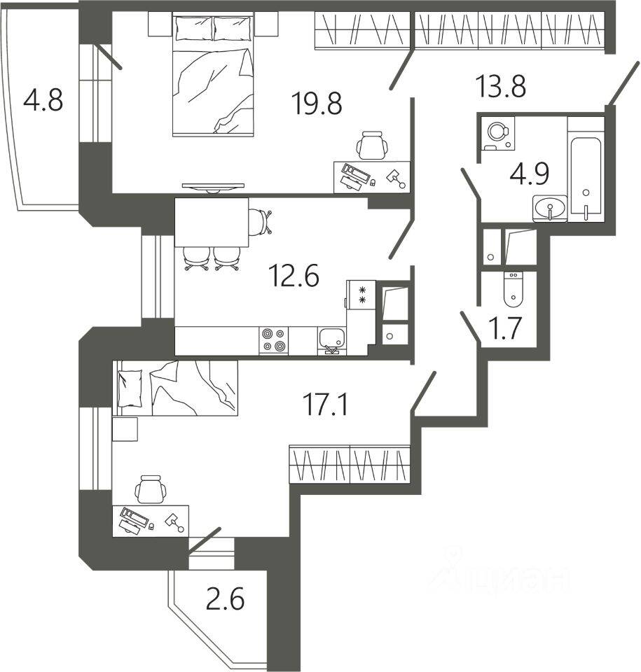 2-комн. квартира, 72,6 м², в ЖК «Советская 18»