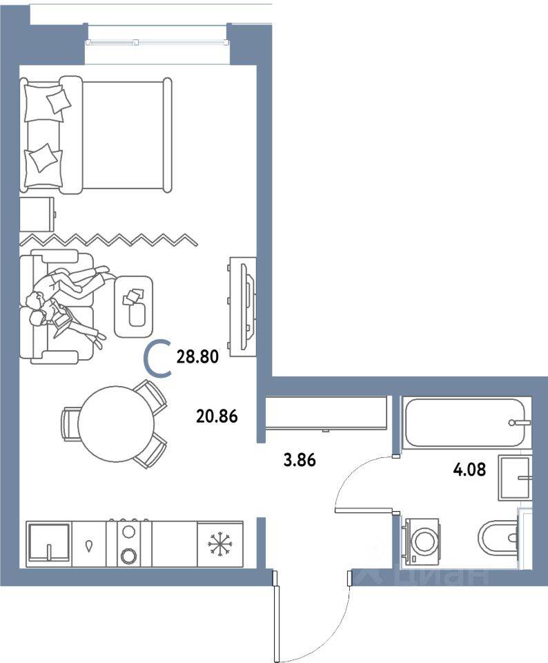 Квартира-студия, 28,8 м², в ЖК Страна.Парковая