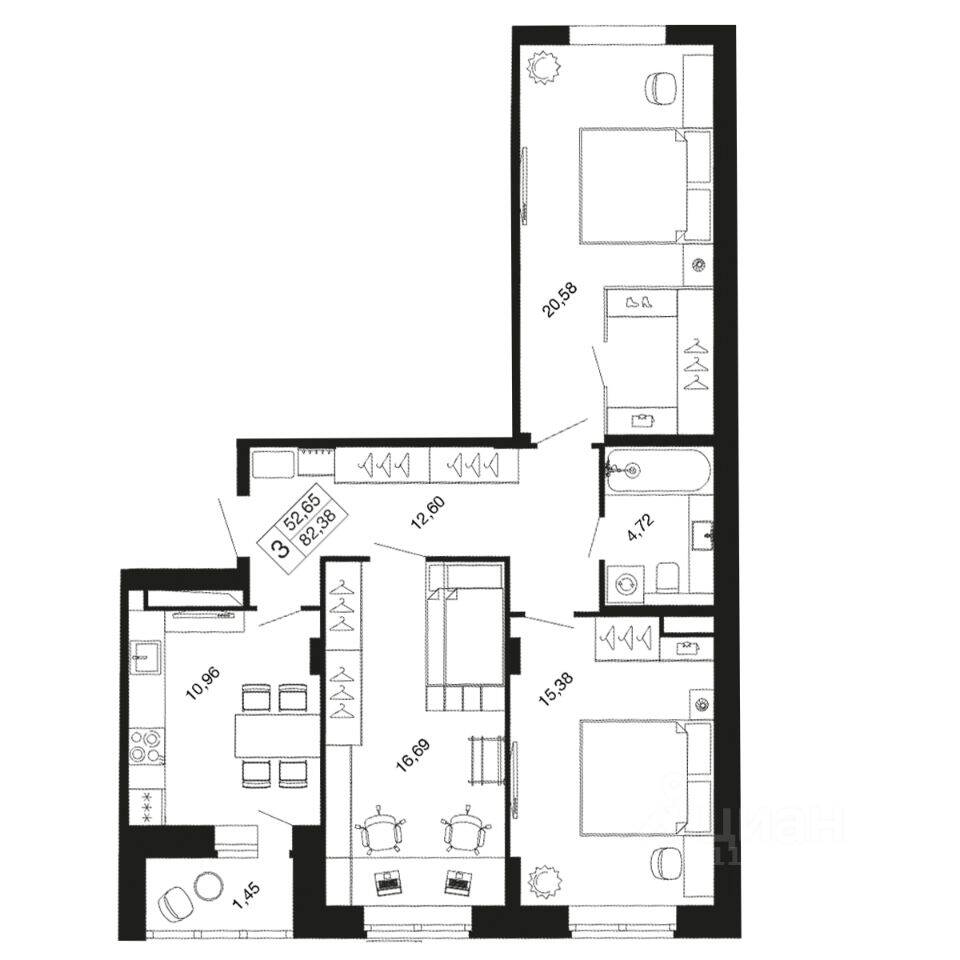 3-комн. квартира, 82,4 м², в ЖК «Времена года»