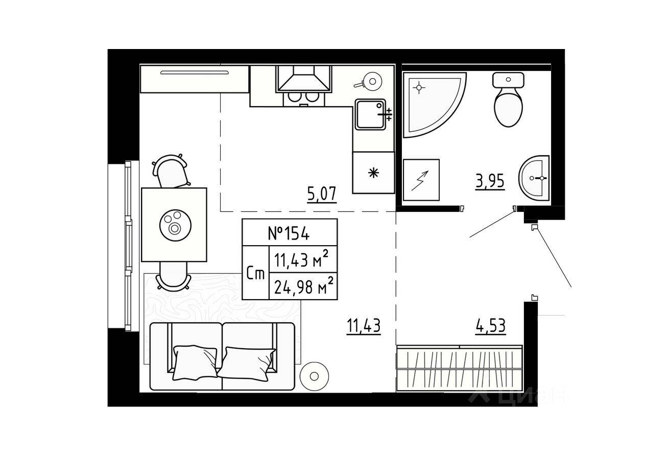 Квартира-студия, 25,1 м², в Малоэтажный ЖК Аннино Сити