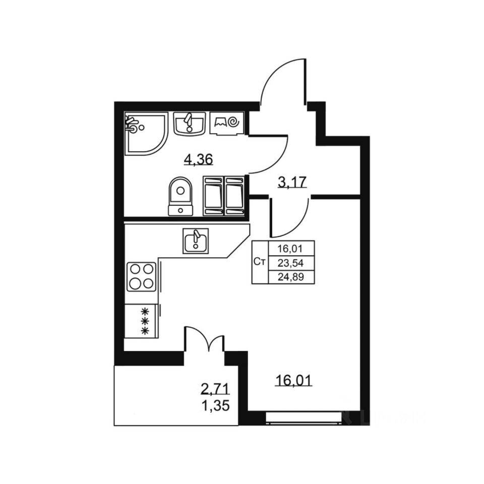 Планировка 1 комнатной квартиры, 24.89 м², в «Высота (Бугры)»