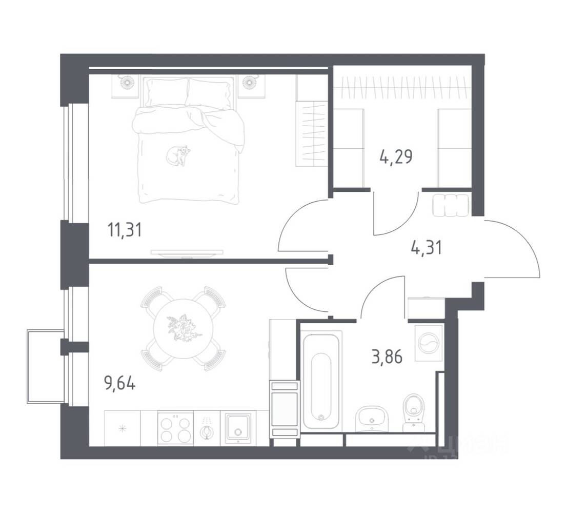 Планировка 1 комнатной квартиры, 33.41 м², в «Большое Путилково»