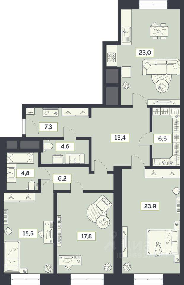 3-комн. квартира, 123,1 м², в ЖК «Лайм»