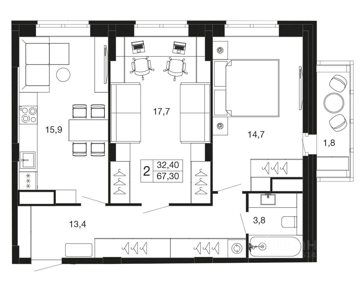 2-комн. квартира, 67,3 м², в ЖК «Времена года»